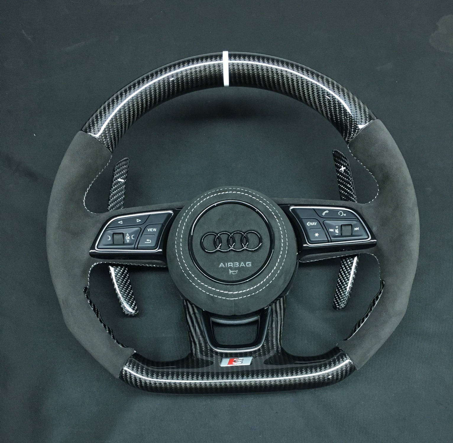 Audi S Line Performance Steering Wheel | Carbon Fiber & Alcantara with Red S Badge,OUE CARBON FIBER,Audi S Line Performance Steering Wheel
