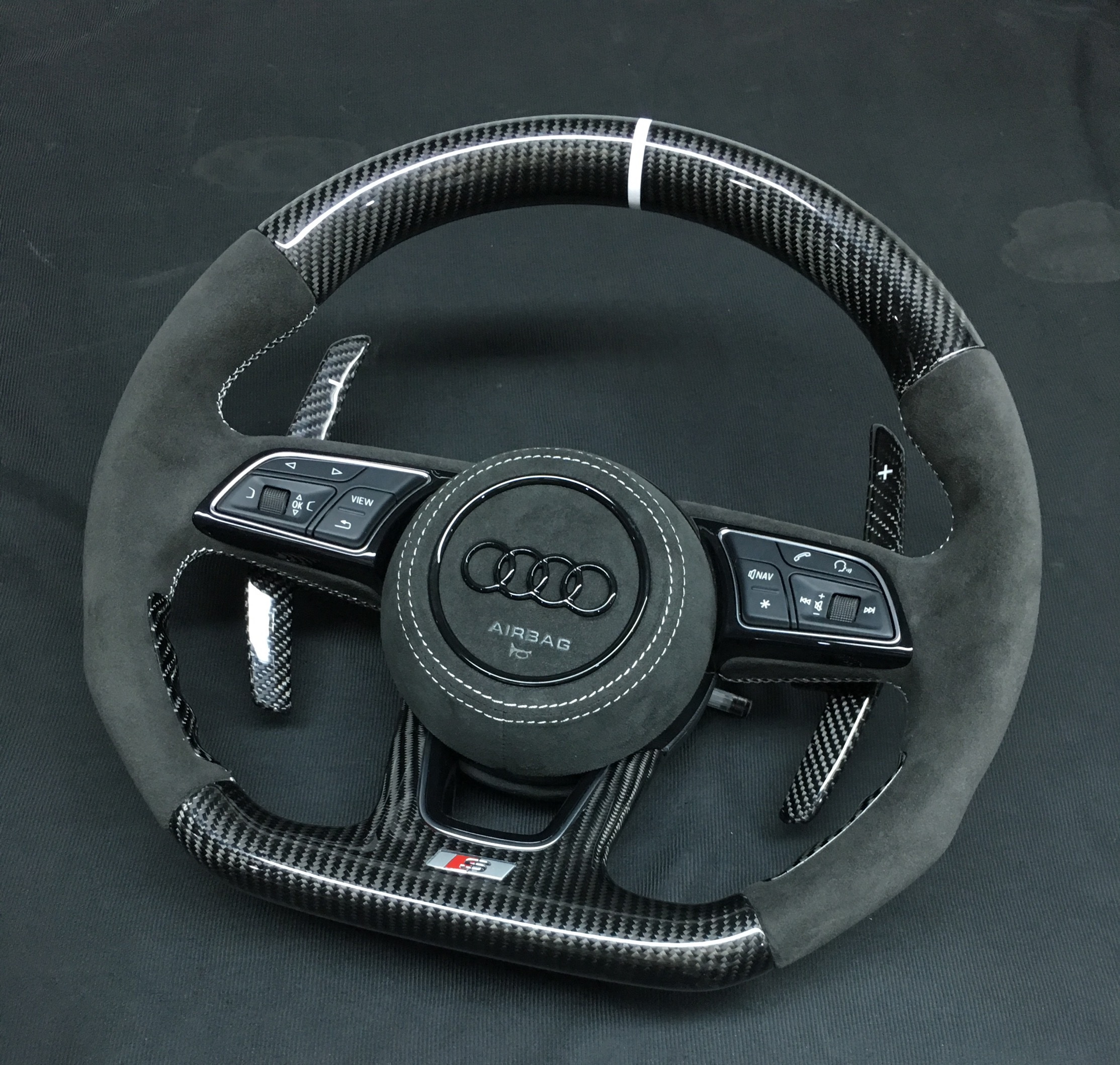 Audi S Line Performance Steering Wheel | Carbon Fiber & Alcantara with Red S Badge,OUE CARBON FIBER,Audi S Line Performance Steering Wheel