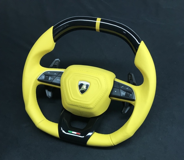 Lamborghini Sport Steering Wheel | Yellow Leather & Carbon Fiber with Italian Flag Accent,OUE CARBON FIBER,Lamborghini Sport Steering Wheel