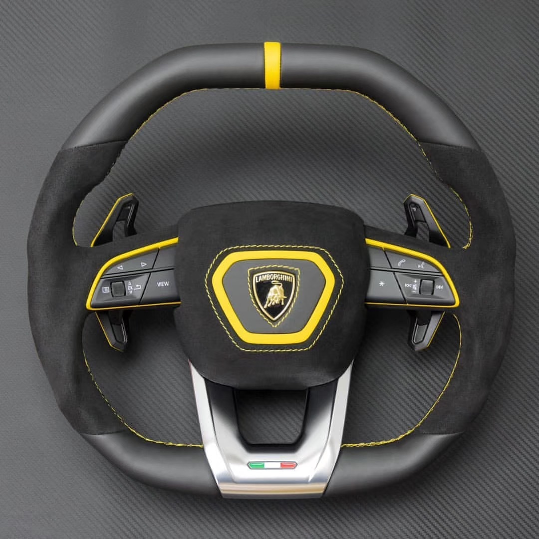 Lamborghini Sport Steering Wheel | Black Leather with Yellow Stitching & Carbon Fiber Paddles,OUE CARBON FIBER,Lamborghini Sport Steering Wheel