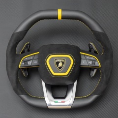 Lamborghini Sport Steering Wheel | Black Leather with Yellow Stitching & Carbon Fiber Paddles,OUE CARBON FIBER,Lamborghini Sport Steering Wheel