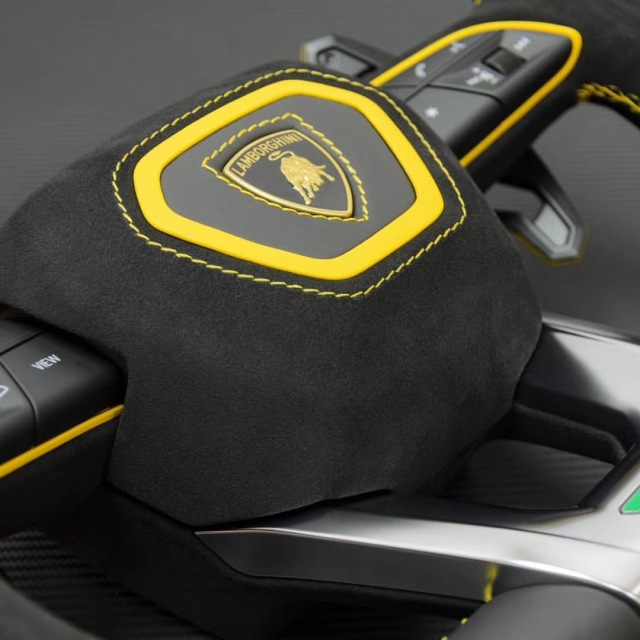 Lamborghini Sport Steering Wheel | Black Leather with Yellow Stitching & Carbon Fiber Paddles,OUE CARBON FIBER,Lamborghini Sport Steering Wheel
