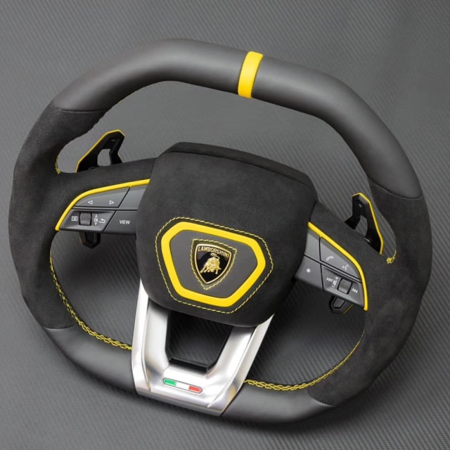 Lamborghini Sport Steering Wheel | Black Leather with Yellow Stitching & Carbon Fiber Paddles,OUE CARBON FIBER,Lamborghini Sport Steering Wheel