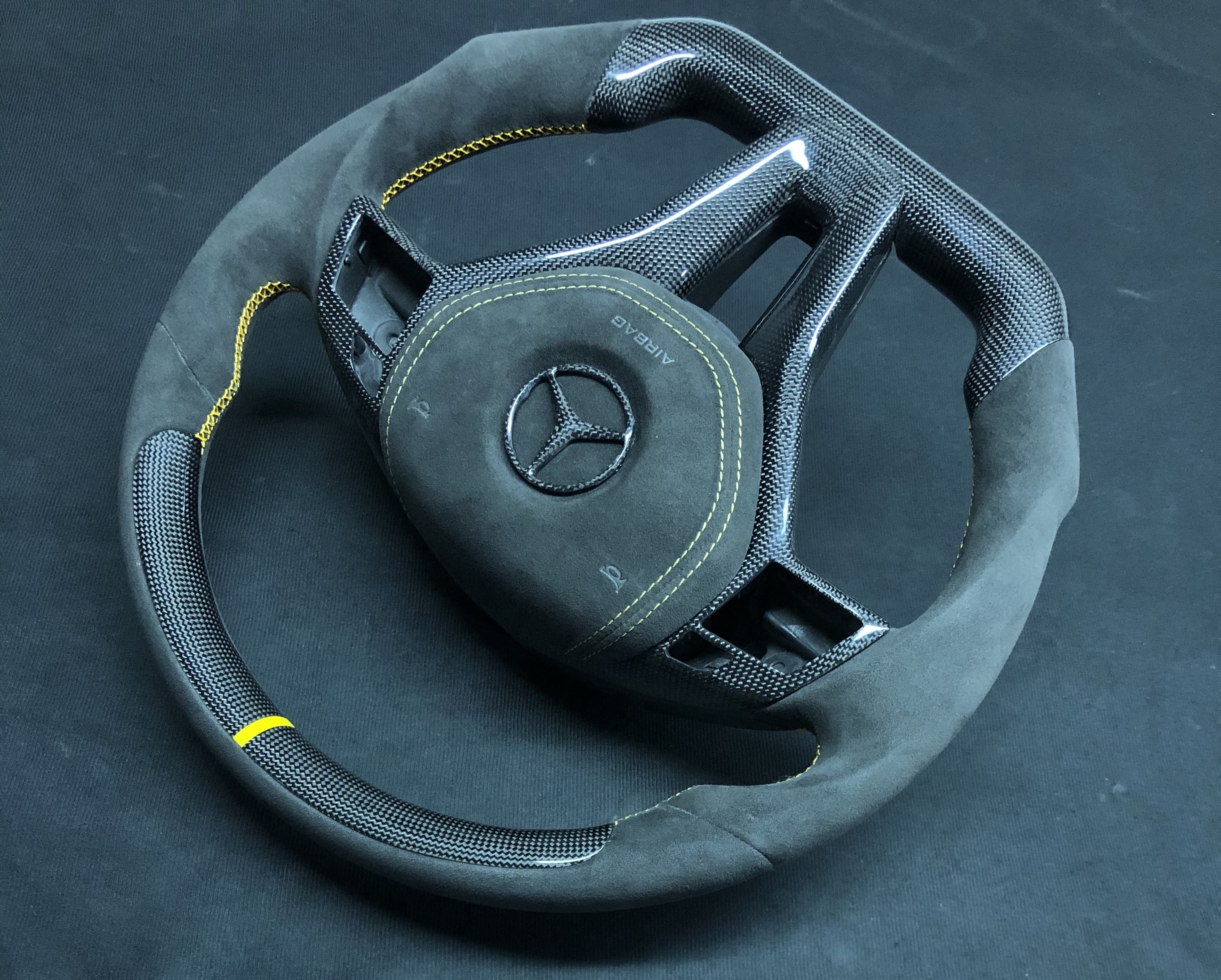 Mercedes-Benz Sport Steering Wheel | Carbon Fiber & Alcantara with Yellow Accents,OUE CARBON FIBER,Mercedes-Benz Sport Steering Wheel