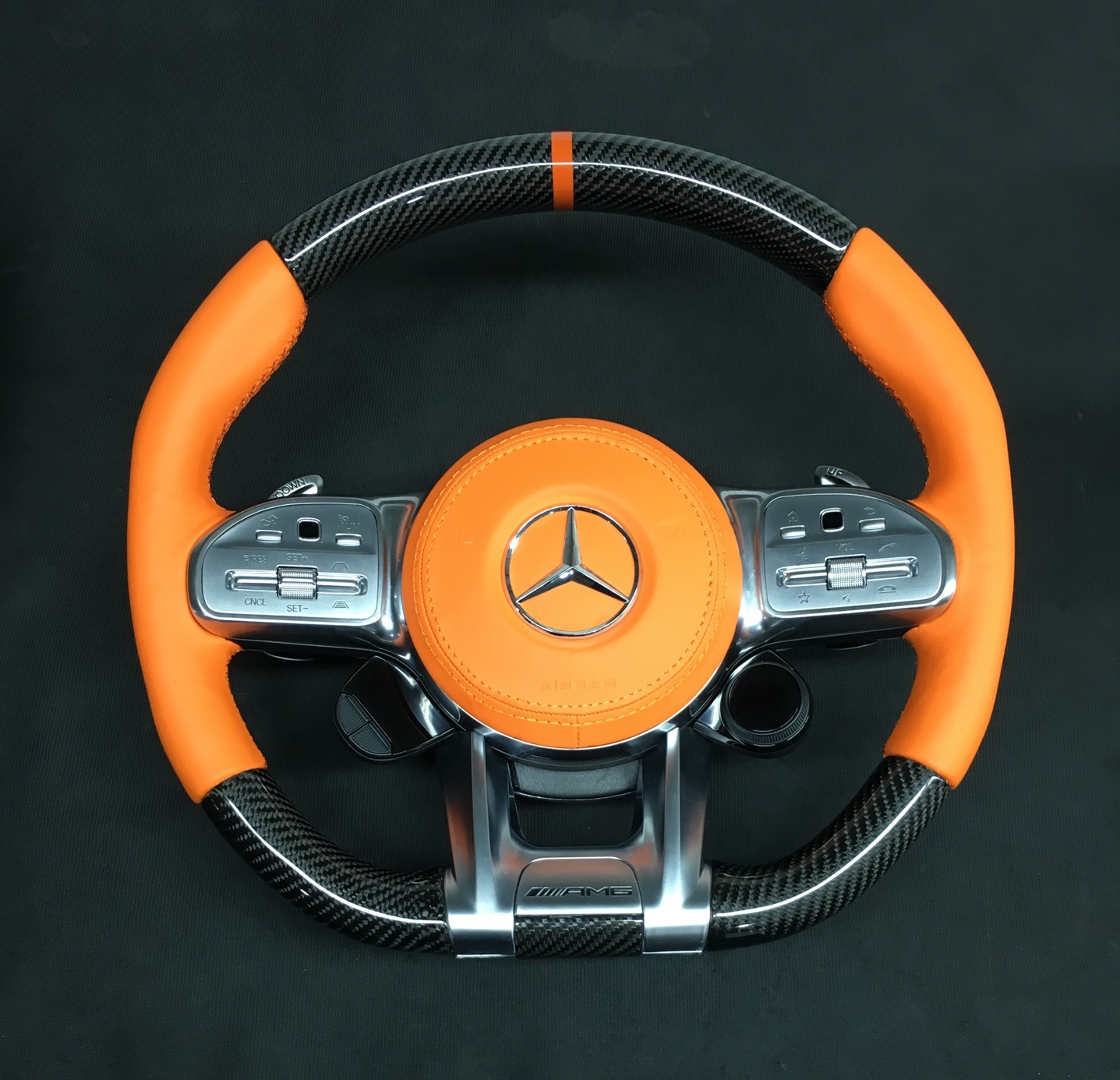 Mercedes-AMG Performance Steering Wheel (2015) | Carbon Fiber & Orange Leather | P/N Ref: MIG 7025 AIS,OUE CARBON FIBER,Mercedes-AMG Performance Steering Wheel (2015)
