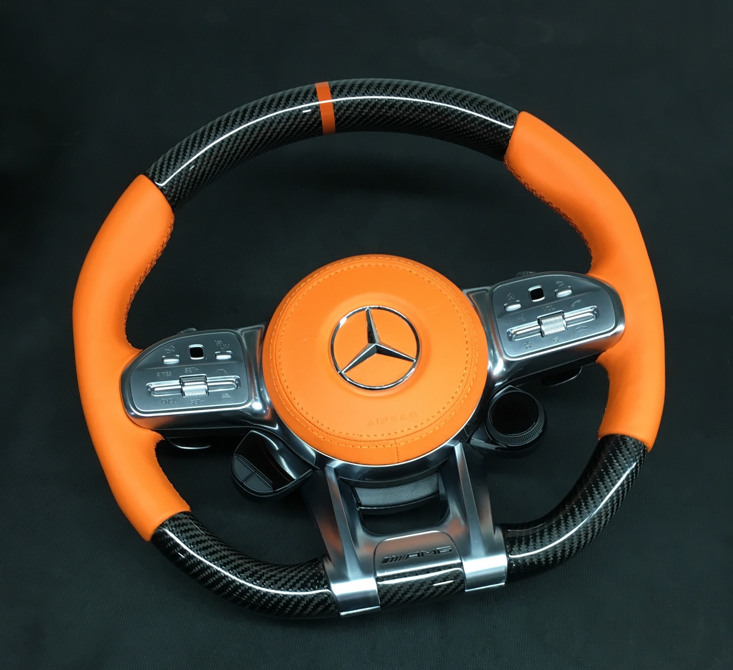 Mercedes-AMG Performance Steering Wheel (2015) | Carbon Fiber & Orange Leather | P/N Ref: MIG 7025 AIS,OUE CARBON FIBER,Mercedes-AMG Performance Steering Wheel (2015)