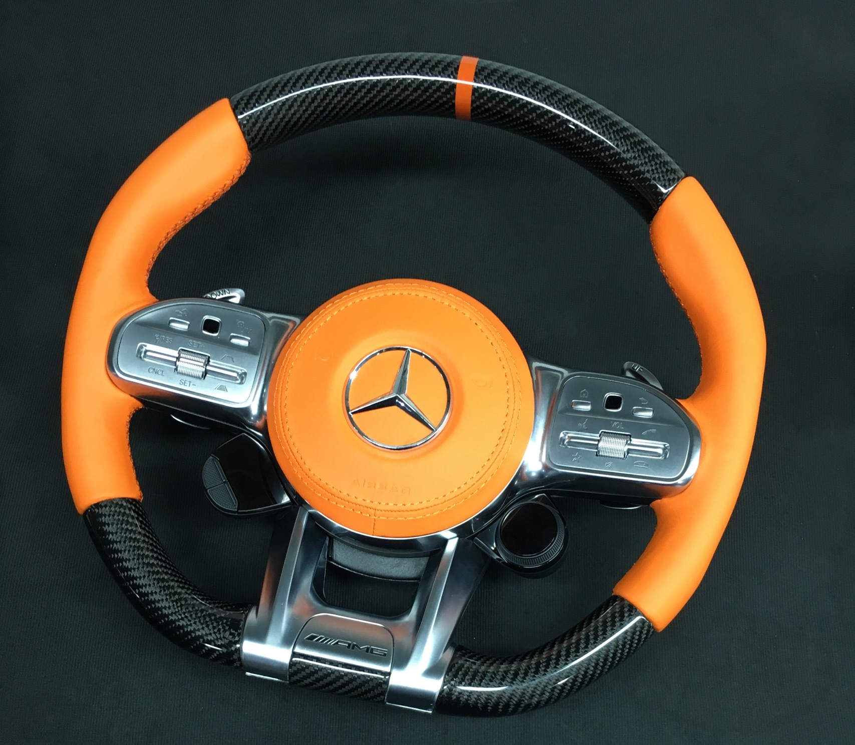 Mercedes-AMG Performance Steering Wheel (2015) | Carbon Fiber & Orange Leather | P/N Ref: MIG 7025 AIS,OUE CARBON FIBER,Mercedes-AMG Performance Steering Wheel (2015)