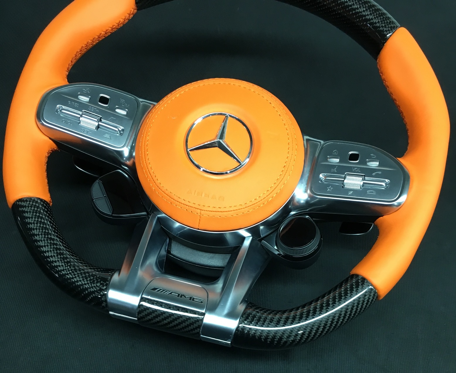 Mercedes-AMG Performance Steering Wheel (2015) | Carbon Fiber & Orange Leather | P/N Ref: MIG 7025 AIS,OUE CARBON FIBER,Mercedes-AMG Performance Steering Wheel (2015)