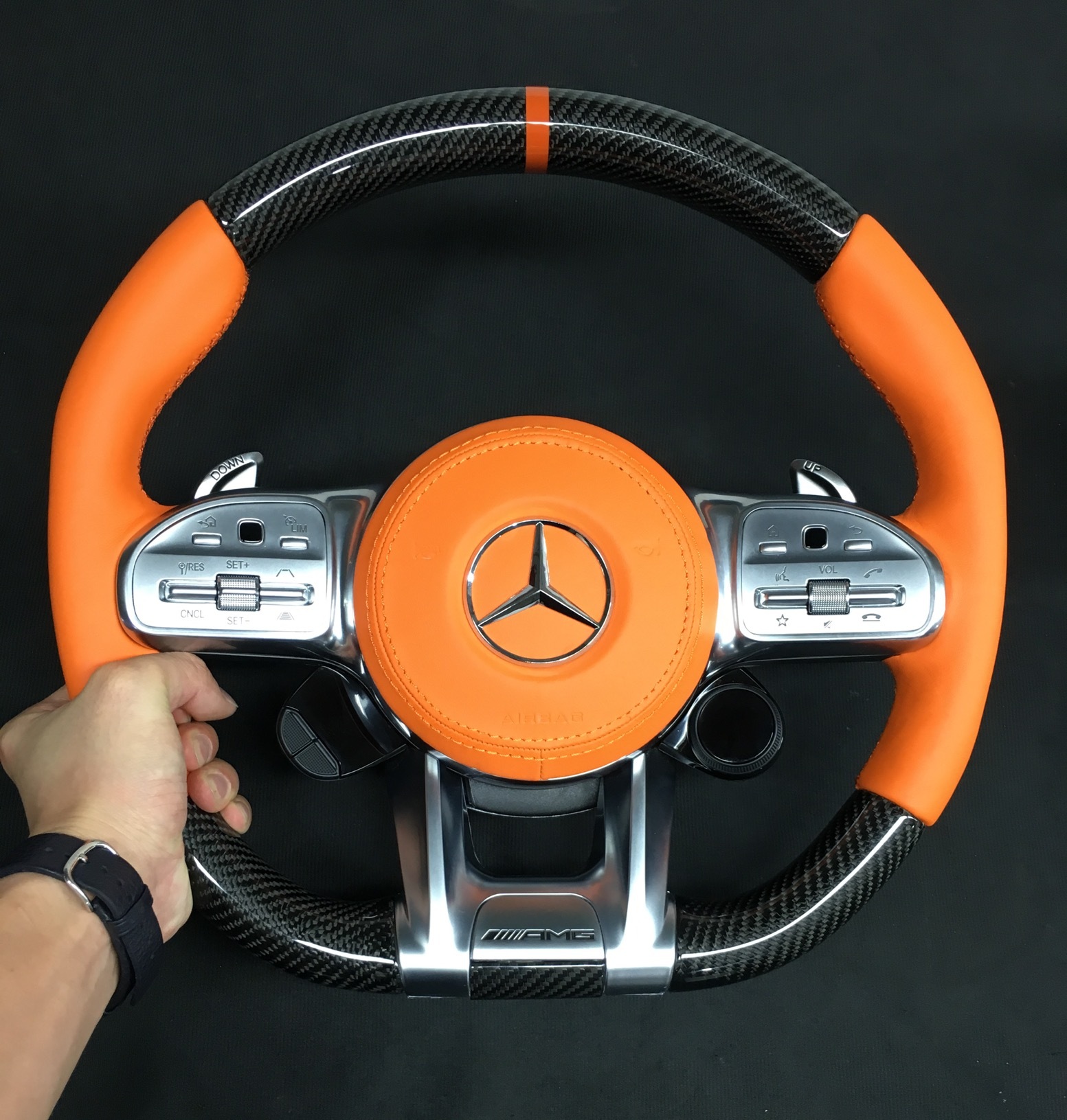 Mercedes-AMG Performance Steering Wheel (2015) | Carbon Fiber & Orange Leather | P/N Ref: MIG 7025 AIS,OUE CARBON FIBER,Mercedes-AMG Performance Steering Wheel (2015)