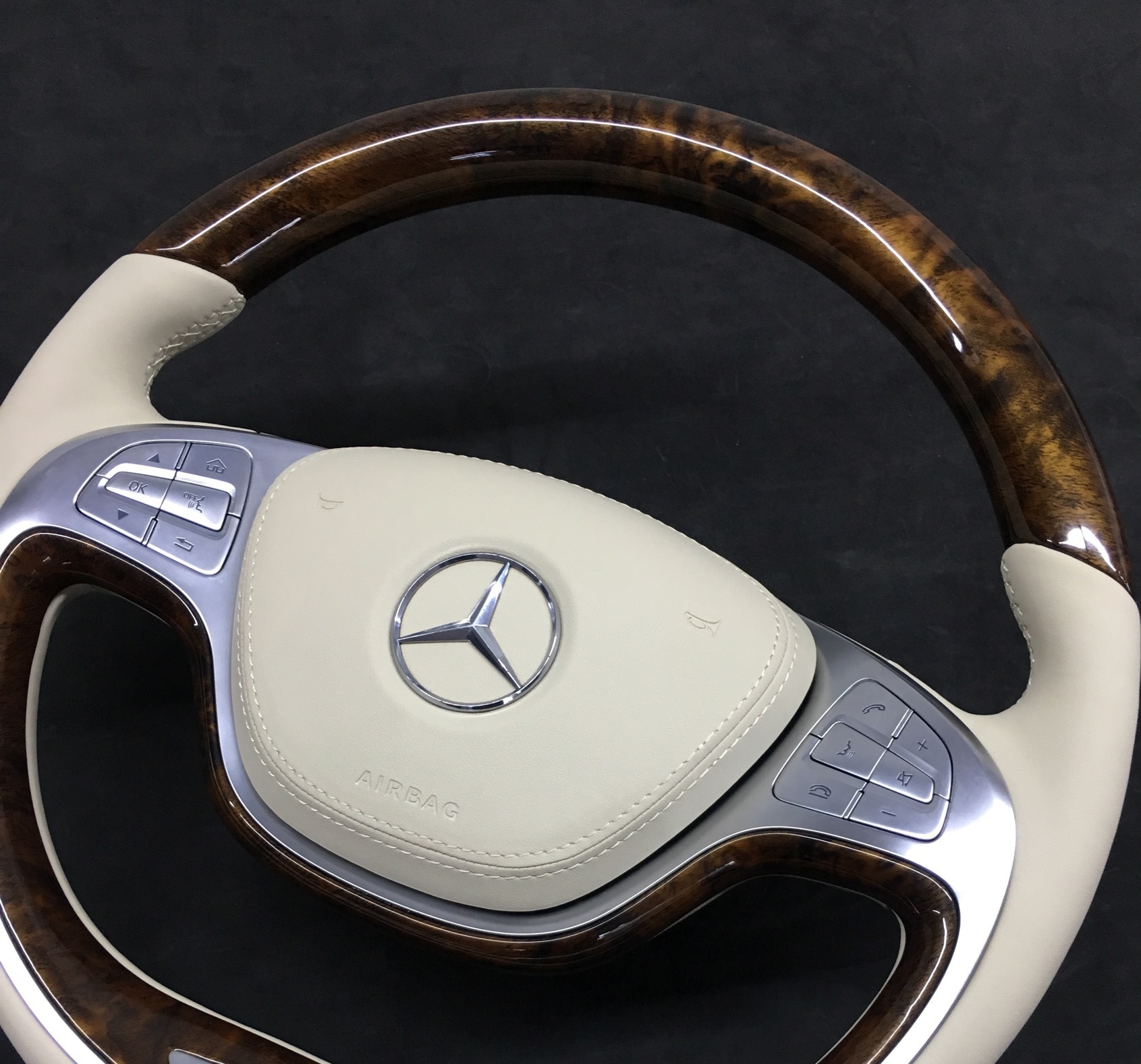 Mercedes-Benz Luxury Steering Wheel | Wood Trim & Ivory Leather,OUE CARBON FIBER,Mercedes-Benz Luxury Steering Wheel | Wood Trim & Ivory Leather