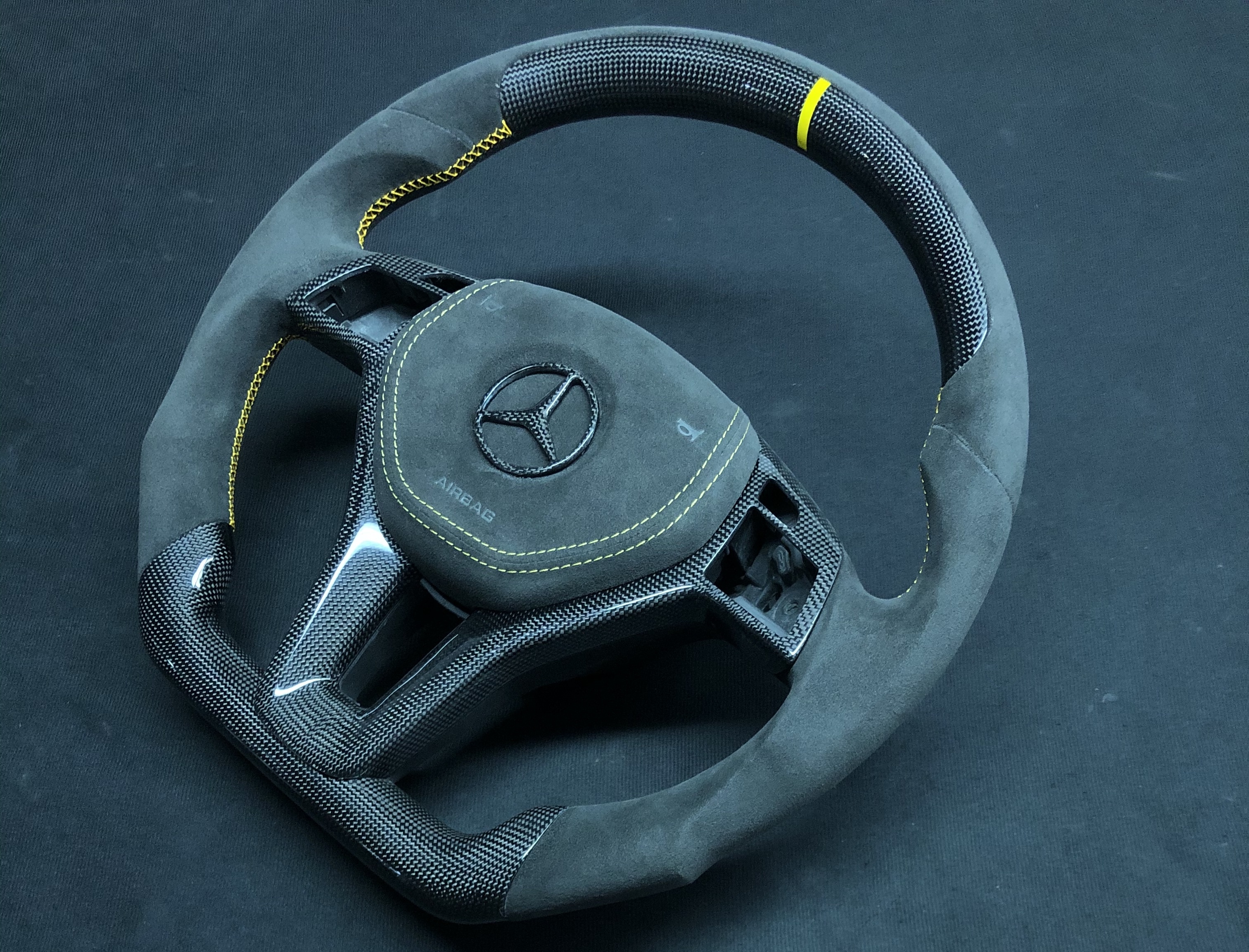 Mercedes-Benz Sport Steering Wheel | Carbon Fiber & Alcantara with Yellow Accents,OUE CARBON FIBER,Mercedes-Benz Sport Steering Wheel