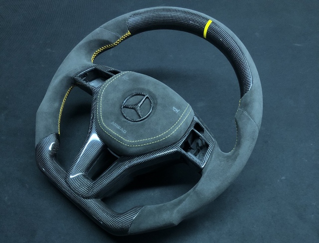 Mercedes-Benz Sport Steering Wheel | Carbon Fiber & Alcantara with Yellow Accents,OUE CARBON FIBER,Mercedes-Benz Sport Steering Wheel