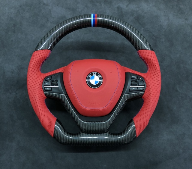 BMW M Sport Steering Wheel | Red Perforated Leather & Carbon Fiber,OUE CARBON FIBER,BMW M Sport Steering Wheel | Red Perforated Leather & Carbon Fiber