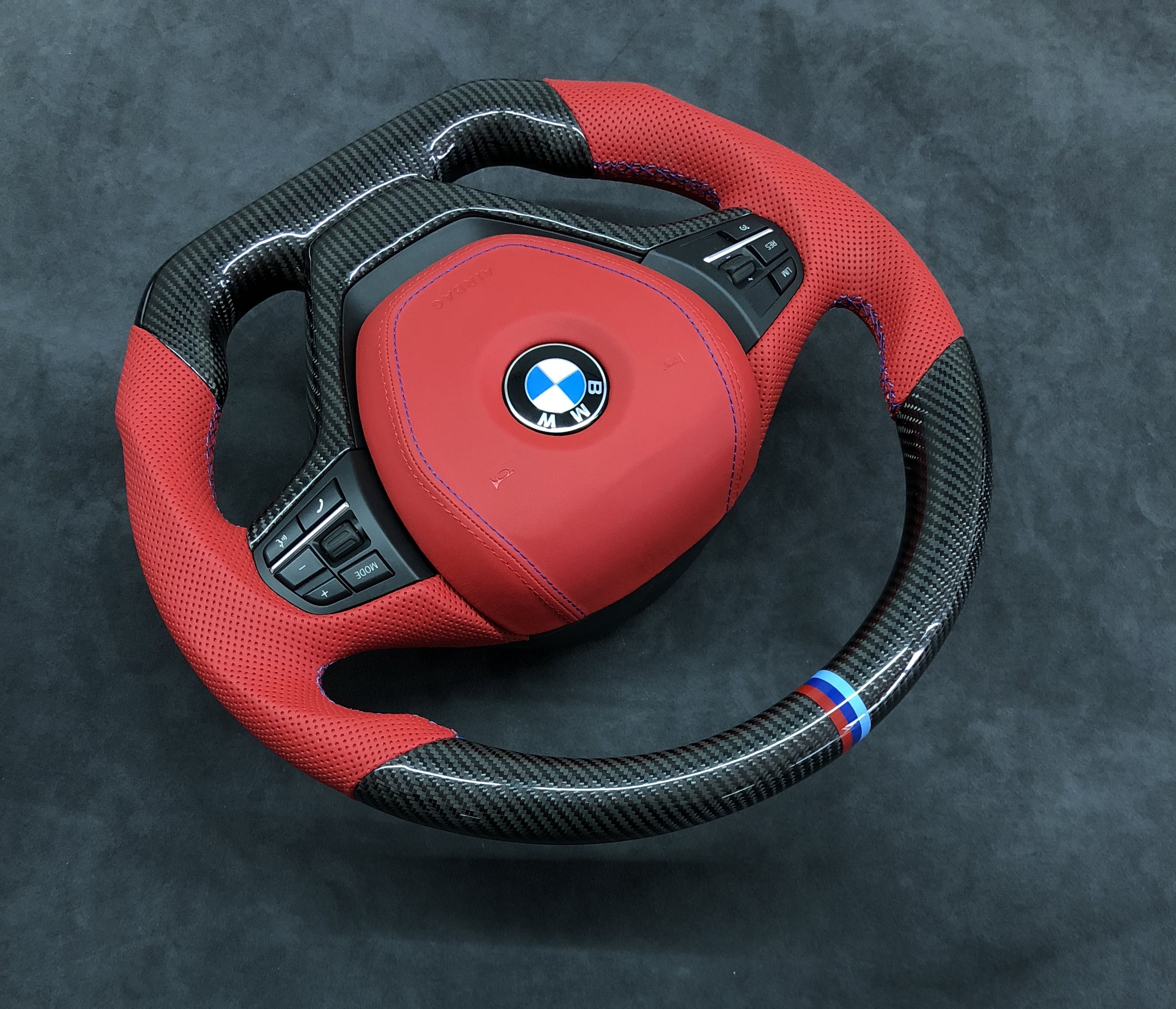 BMW M Sport Steering Wheel | Red Perforated Leather & Carbon Fiber,OUE CARBON FIBER,BMW M Sport Steering Wheel | Red Perforated Leather & Carbon Fiber