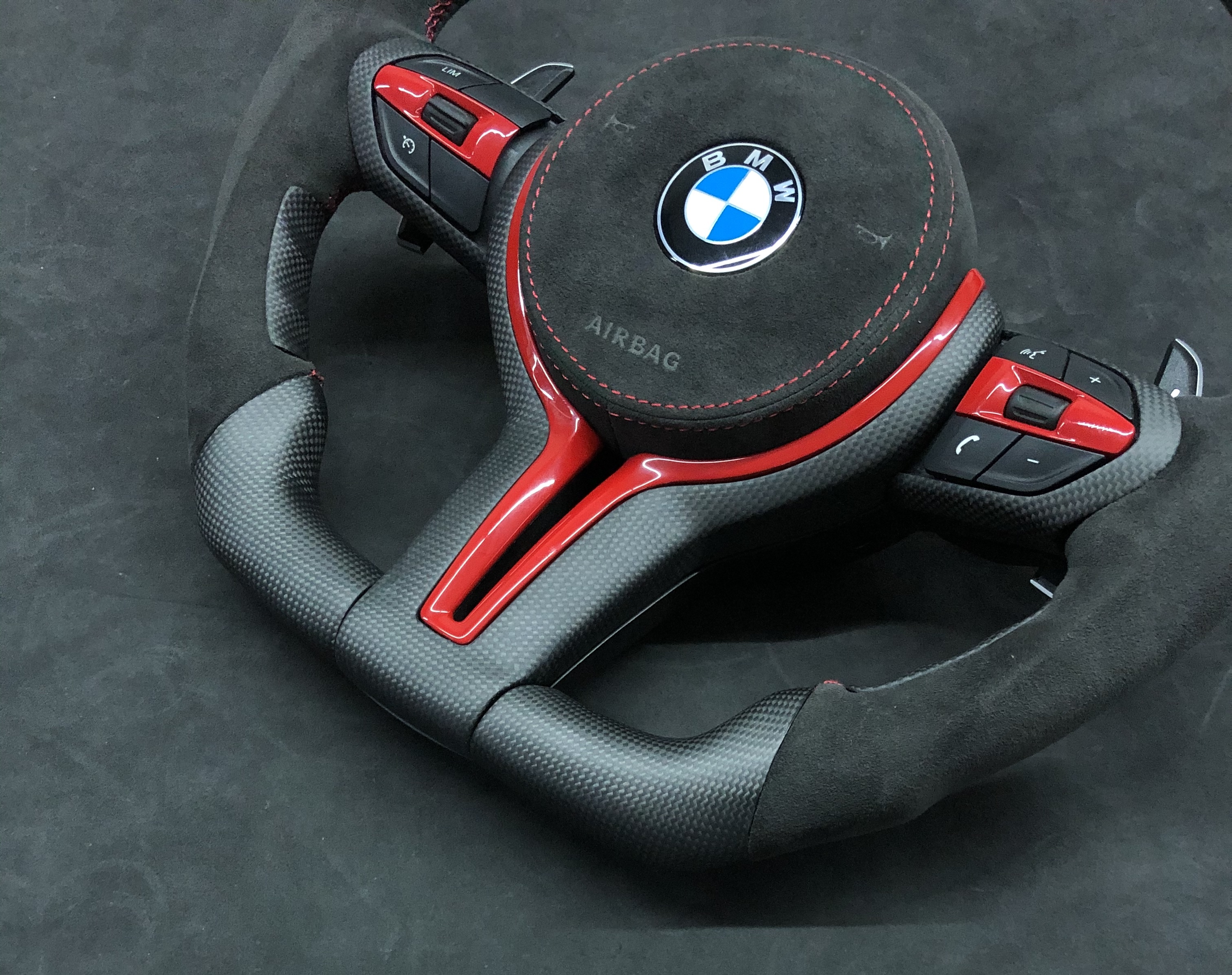 BMW M Performance Steering Wheel | Carbon Fiber & Perforated Leather with Red Stitching | INTEGO Edition,OUE CARBON FIBER,BMW M Performance Steering Wheel