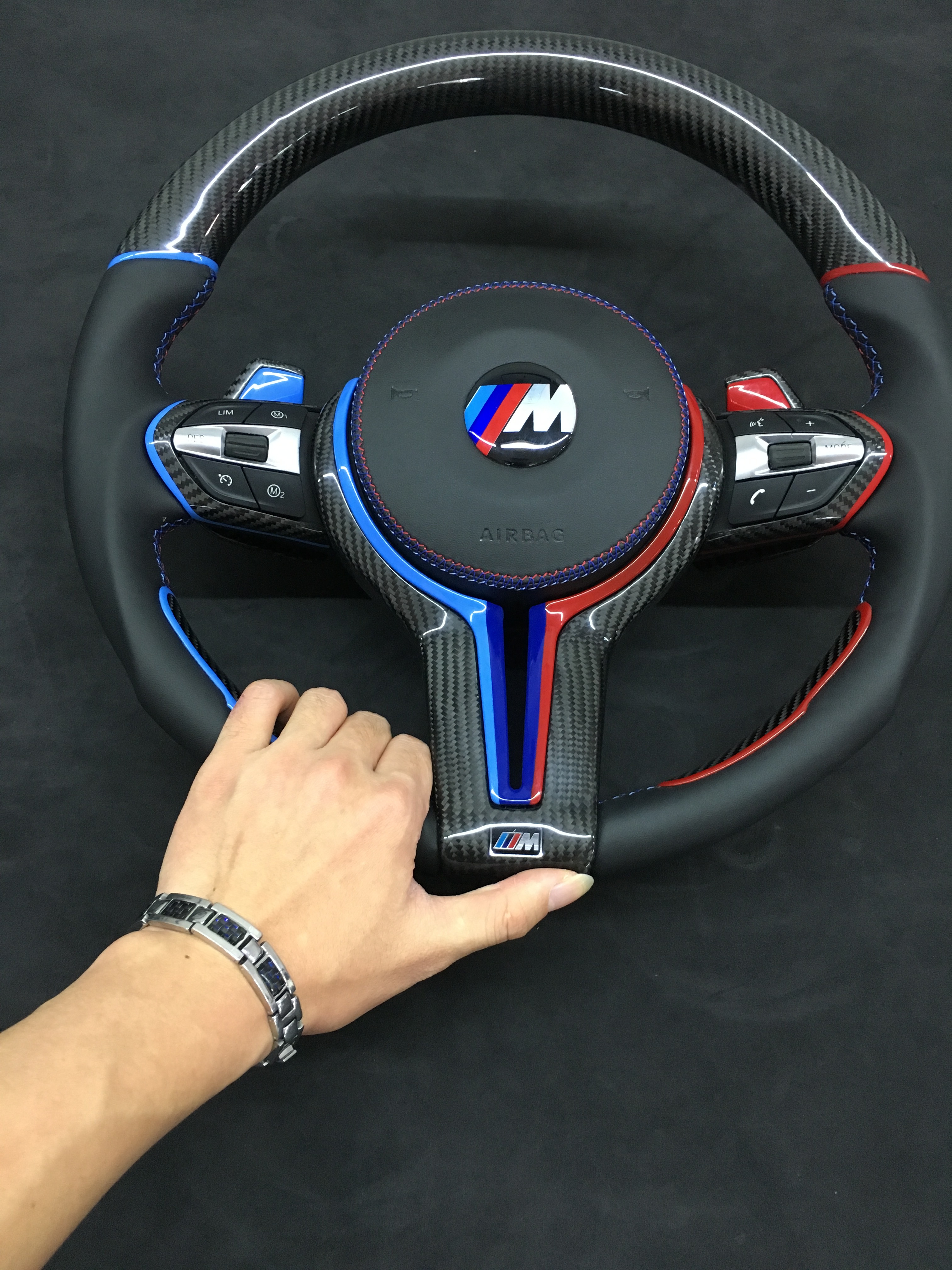 BMW M Sport Steering Wheel | Carbon Fiber with Blue & Red Stitching,OUE CARBON FIBER,BMW M Sport Steering Wheel | Carbon Fiber with Blue & Red Stitching