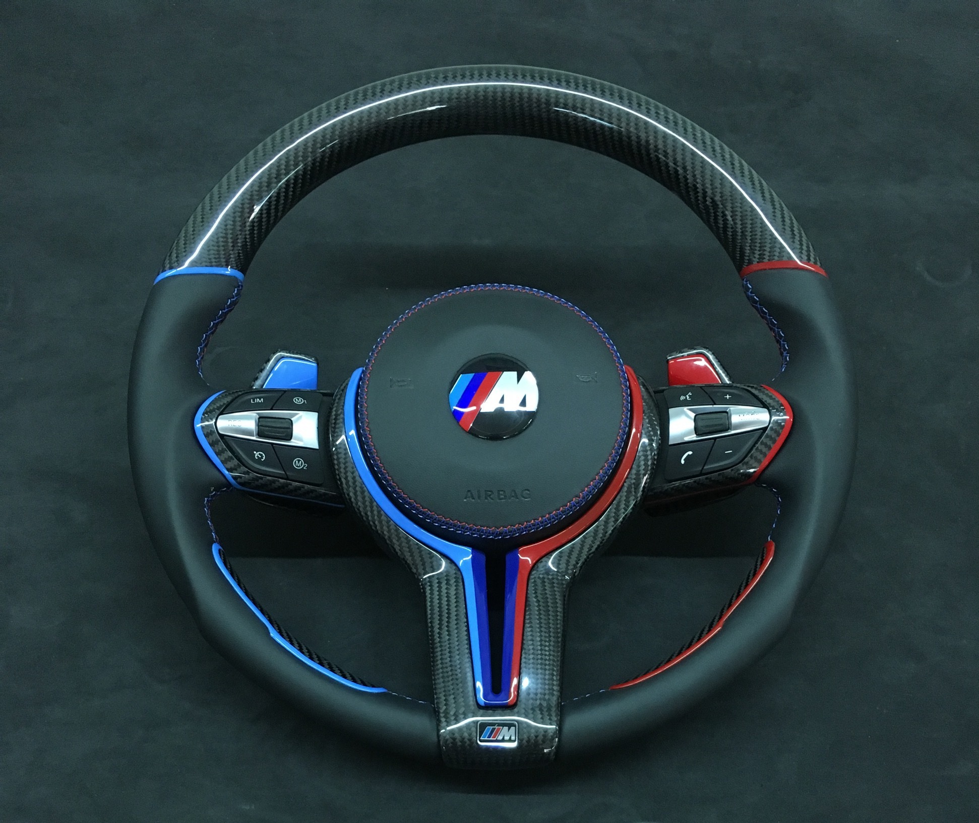 BMW M Sport Steering Wheel | Carbon Fiber with Blue & Red Stitching,OUE CARBON FIBER,BMW M Sport Steering Wheel | Carbon Fiber with Blue & Red Stitching