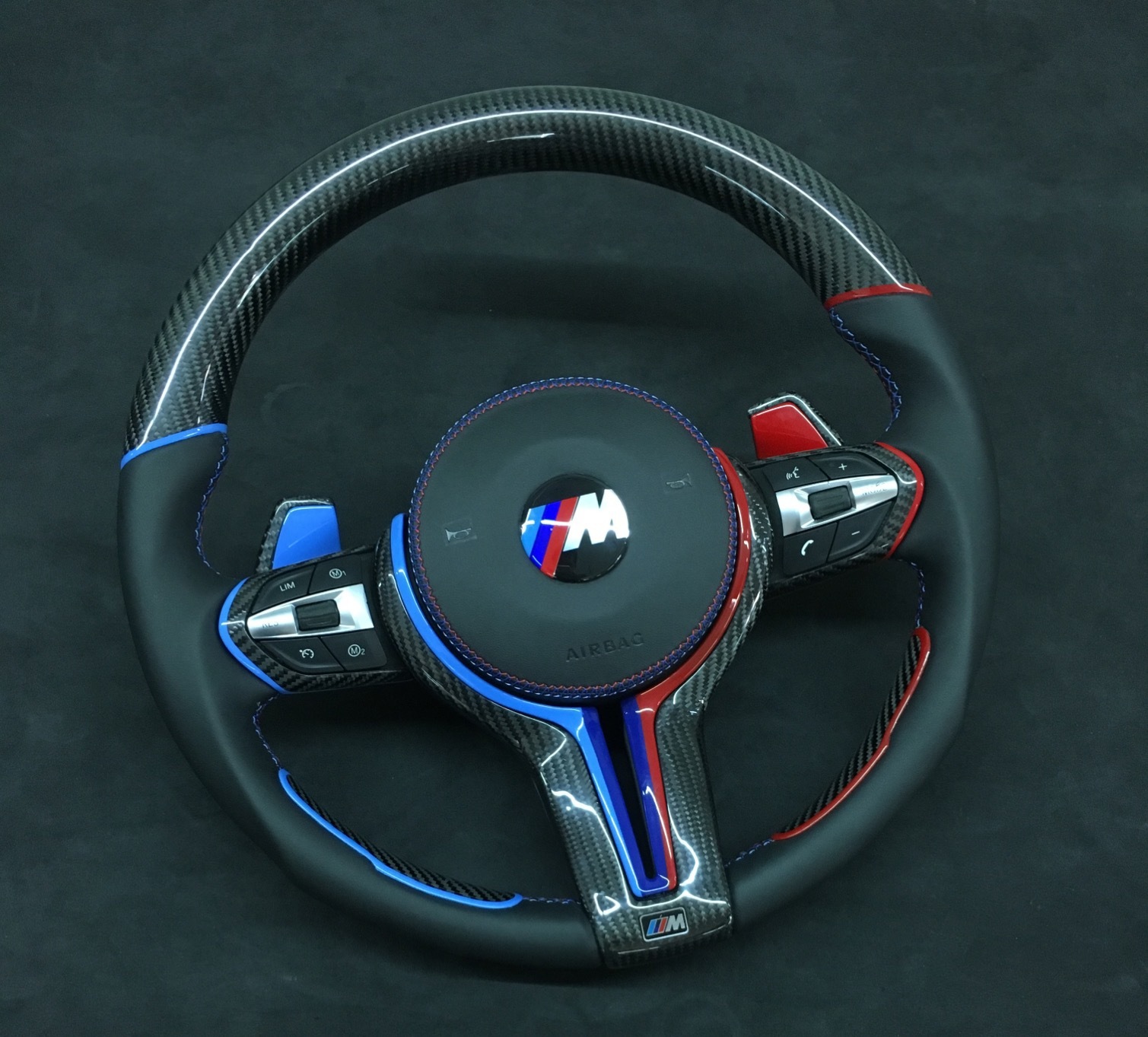 BMW M Sport Steering Wheel | Carbon Fiber with Blue & Red Stitching,OUE CARBON FIBER,BMW M Sport Steering Wheel | Carbon Fiber with Blue & Red Stitching