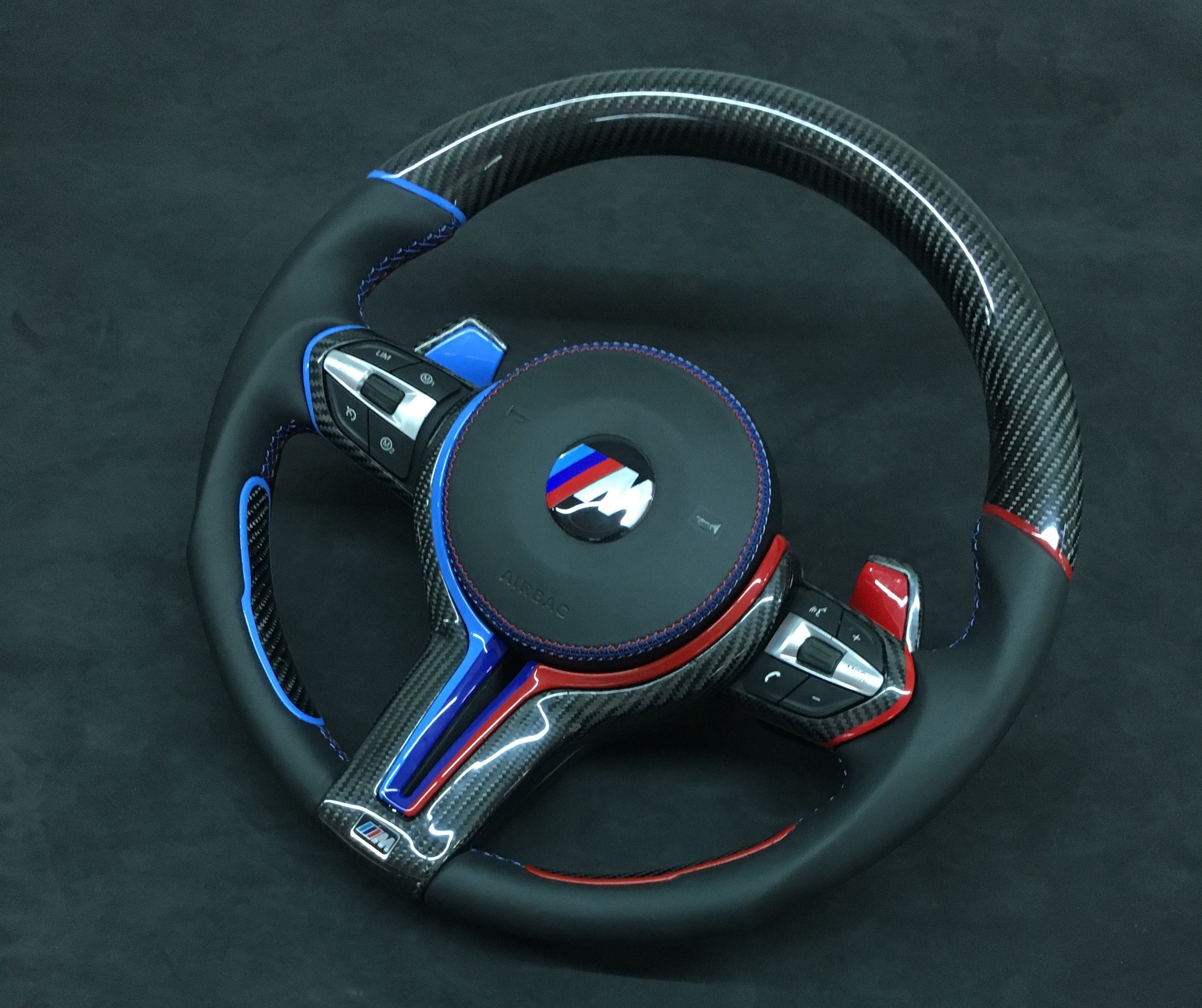 BMW M Sport Steering Wheel | Carbon Fiber with Blue & Red Stitching,OUE CARBON FIBER,BMW M Sport Steering Wheel | Carbon Fiber with Blue & Red Stitching