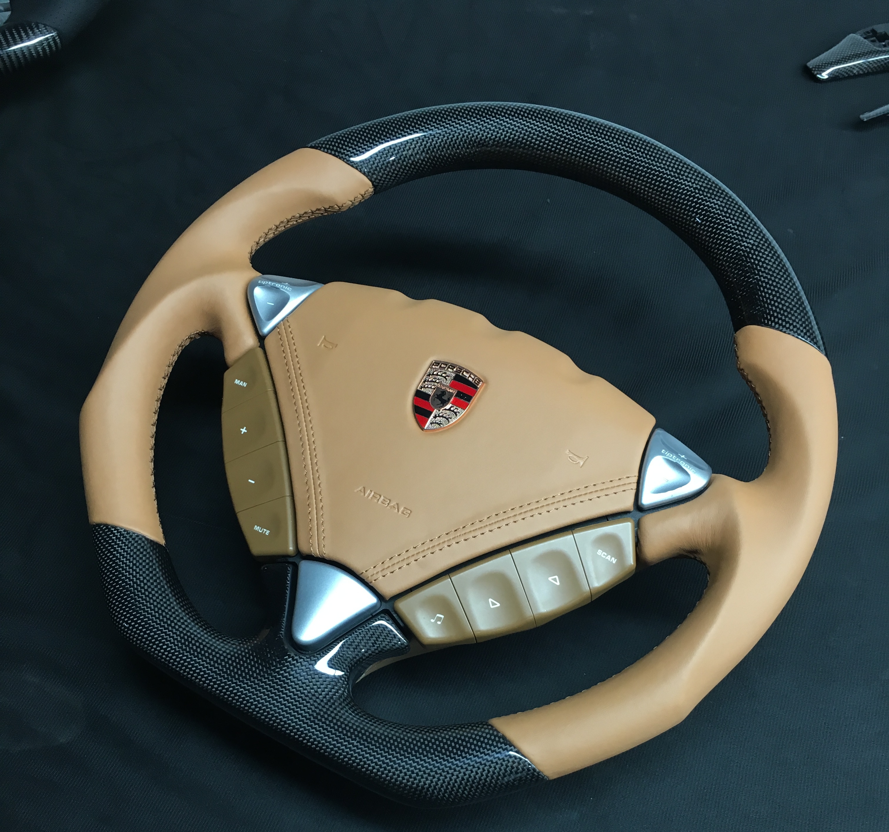 Porsche Sport Steering Wheel | Carbon Fiber & Beige Leather with PDK Controls,OUE CARBON FIBER,Porsche Sport Steering Wheel