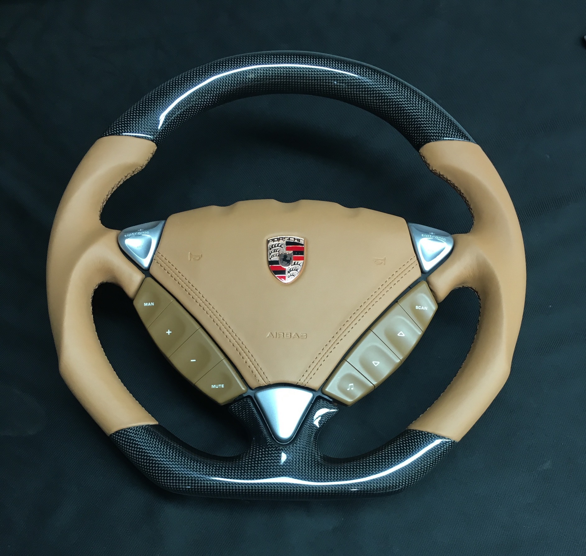 Porsche Sport Steering Wheel | Carbon Fiber & Beige Leather with PDK Controls,OUE CARBON FIBER,Porsche Sport Steering Wheel