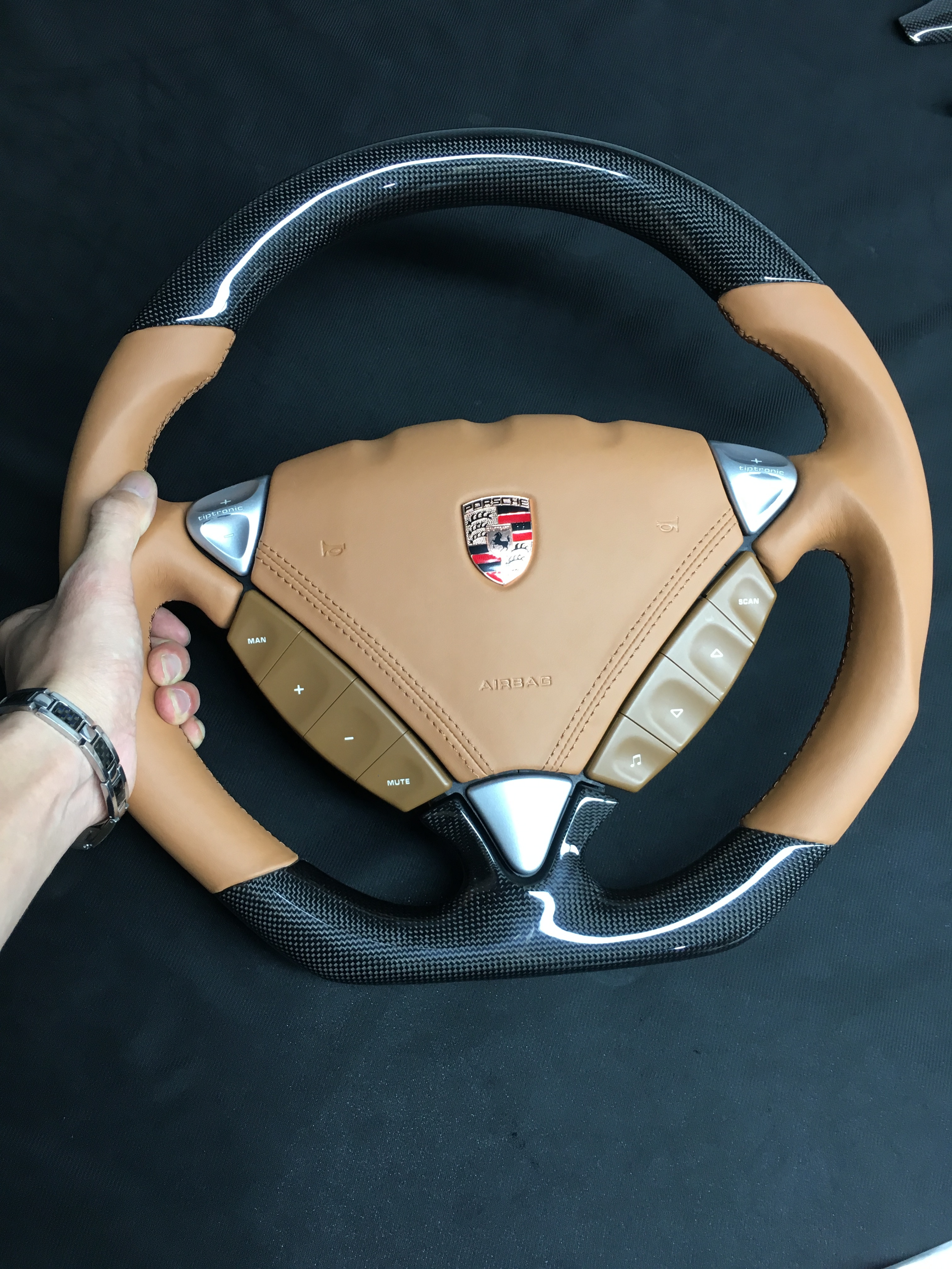 Porsche Sport Steering Wheel | Carbon Fiber & Beige Leather with PDK Controls,OUE CARBON FIBER,Porsche Sport Steering Wheel