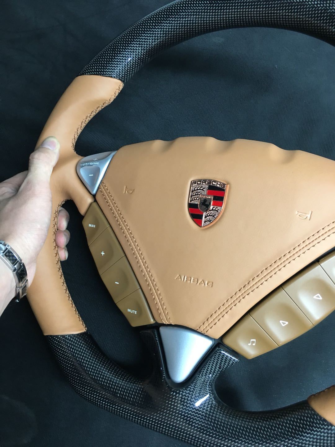 Porsche Sport Steering Wheel | Carbon Fiber & Beige Leather with PDK Controls,OUE CARBON FIBER,Porsche Sport Steering Wheel
