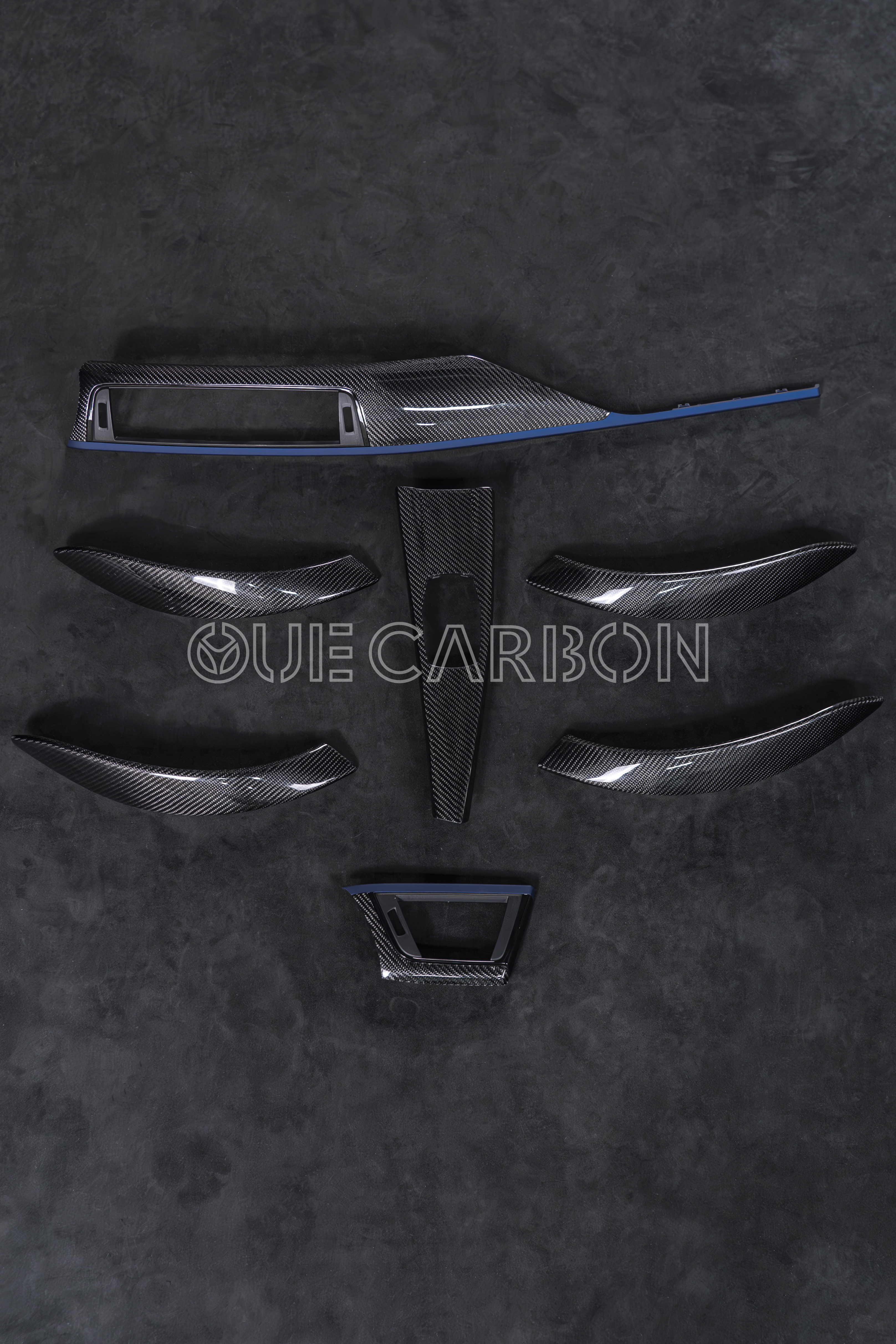 BMW 3 Series Interior Trim Set | Gloss Carbon Fiber with Blue Accent,OUE CARBON FIBER,BMW 3 Series Interior Trim Set | Gloss Carbon Fiber with Blue Accent