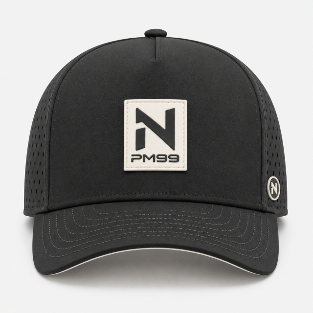 ブラックパフォーマンスゴルフキャップ、www.nearlonggolf.com、ラバーパッド付きブラックパフォーマンスゴルフキャップ