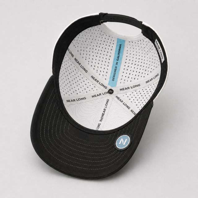 White Golf Cap,www.nearlonggolf.com,Two Tone Golf Cap With Black Brim And Vented Panels