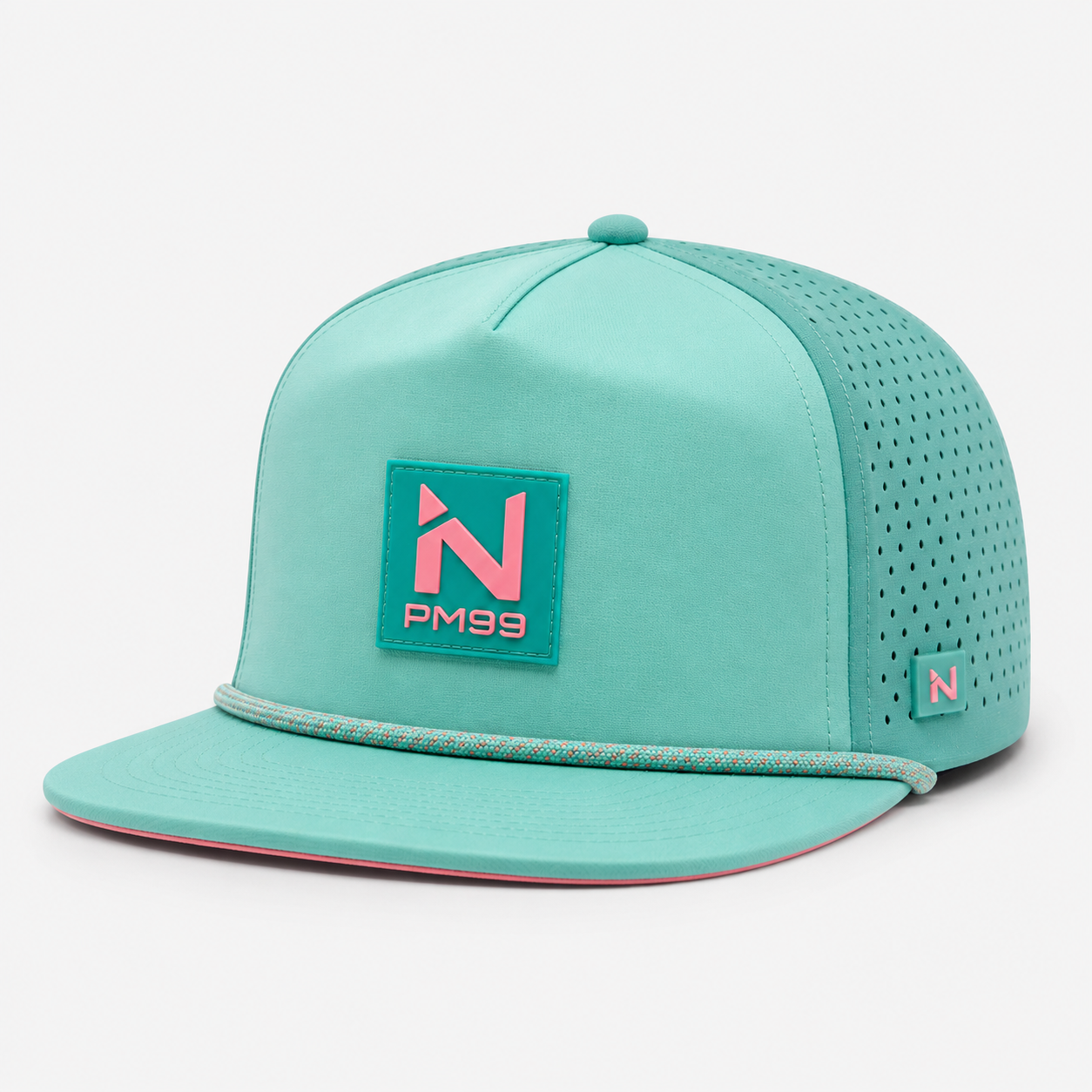 Aqua Golf Rope Hat,www.nearlonggolf.com,Aqua Golf Rope Hat With Coral Logo Patch And Flat Bill