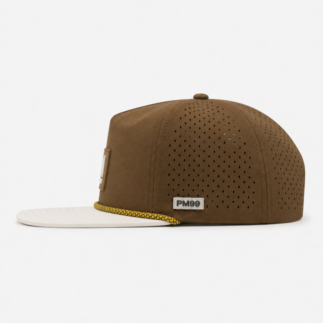 Brown Golf Cap,www.nearlonggolf.com,Brown Golf Cap With White Flat Bill And Rope Detail