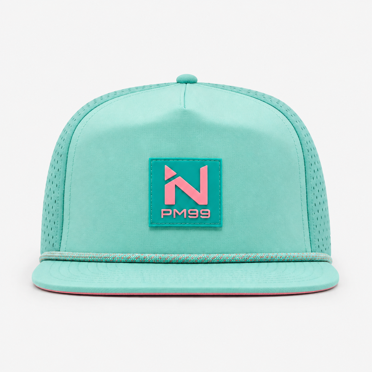 Aqua Golf Rope Hat,www.nearlonggolf.com,Aqua Golf Rope Hat With Coral Logo Patch And Flat Bill