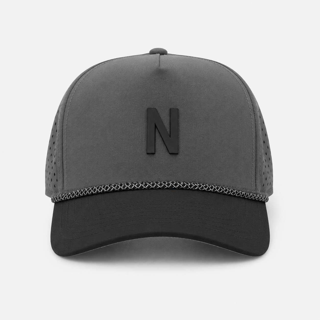 チャコールグレーのゴルフキャップ、www.nearlonggolf.com、ロープトリム付きメンズ用グレーブラックゴルフキャップ