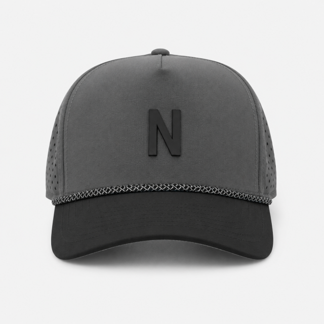 チャコールグレーのゴルフキャップ、www.nearlonggolf.com、ロープトリム付きメンズ用グレーブラックゴルフキャップ