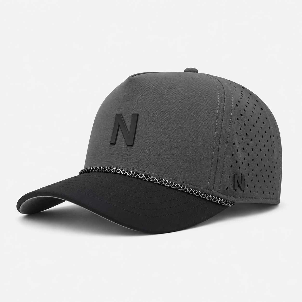 チャコールグレーのゴルフキャップ、www.nearlonggolf.com、ロープトリム付きメンズ用グレーブラックゴルフキャップ