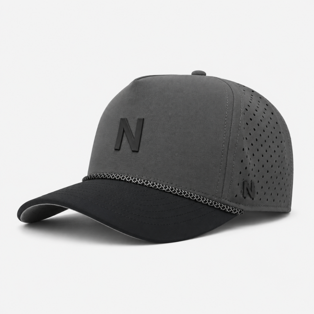 チャコールグレーのゴルフキャップ、www.nearlonggolf.com、ロープトリム付きメンズ用グレーブラックゴルフキャップ