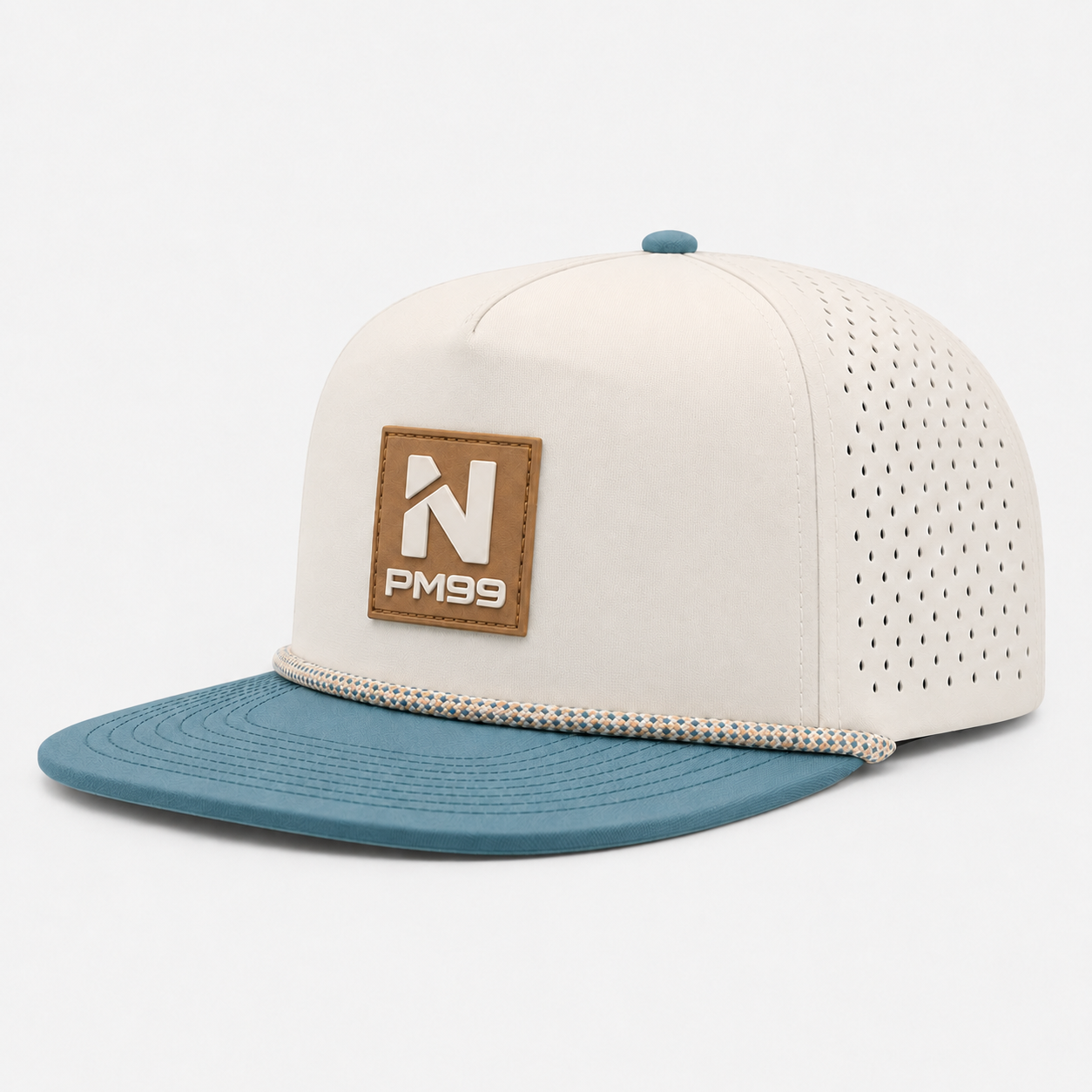 Ivory Blue Golf Rope Hat,www.nearlonggolf.com,Ivory Blue Golf Rope Hat With Leather Patch Logo