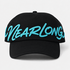 Back Golf Trucker Hat,www.nearlonggolf.com,Black Embroidered Golf Trucker Hat With Mesh Back