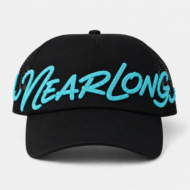 Back Golf Trucker Hat,www.nearlonggolf.com,Black Embroidered Golf Trucker Hat With Mesh Back