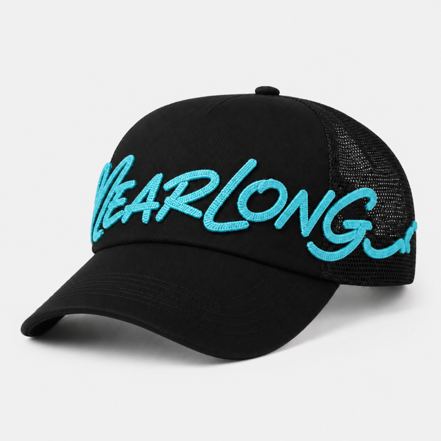 Back Golf Trucker Hat,www.nearlonggolf.com,Black Embroidered Golf Trucker Hat With Mesh Back