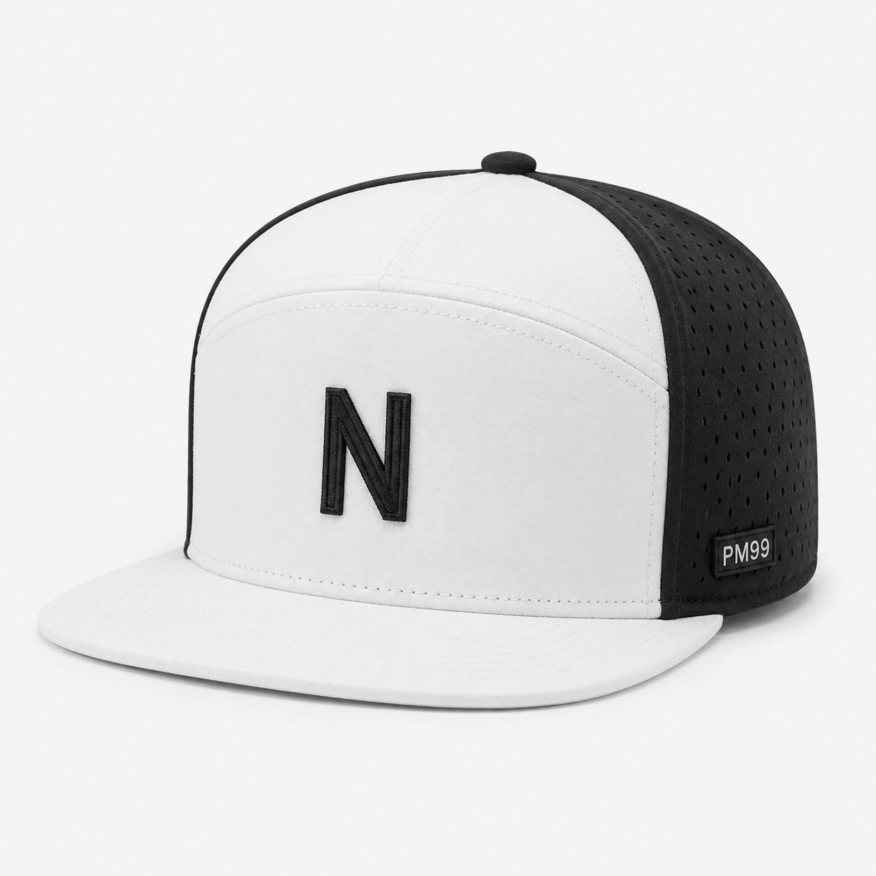Black Five Panel Golf Cap,www.nearlonggolf.com,White Black 5 Panel Golf Hat With Flat Bill And Vents