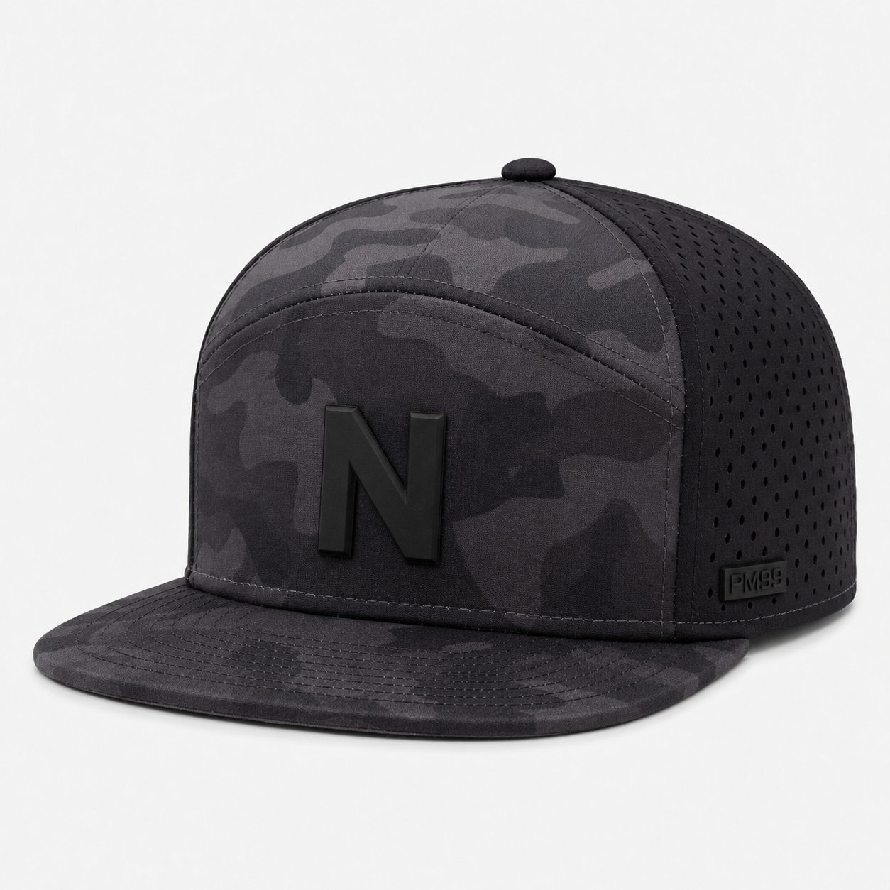 ブラックゴルフハット、www.nearlonggolf.com、レーザーカットパネル付きブラックカモパフォーマンスゴルフハット