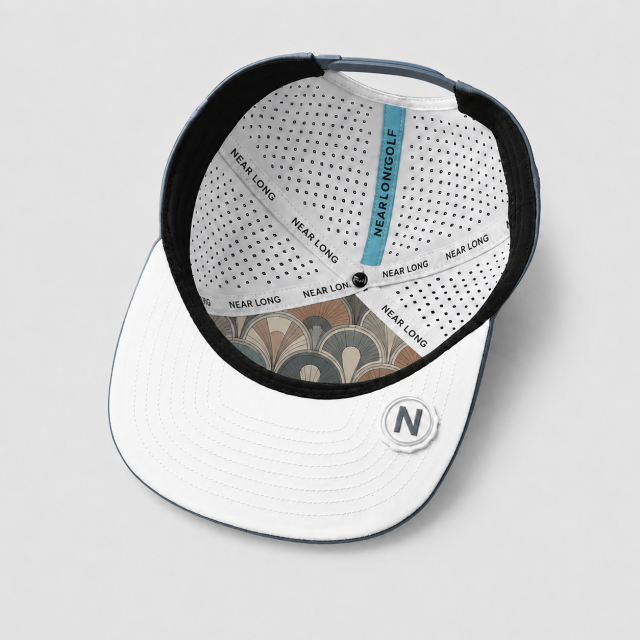 White Grey 5 Panel Golf Cap,www.nearlonggolf.com,White Breathable Golf Cap With Perforated 5 Panel Crown