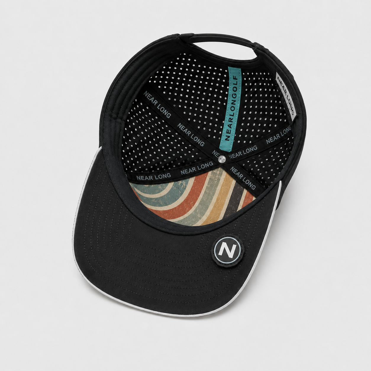 5パネルゴルフハット、www.nearlonggolf.com、パンチング加工パネル付きブラック＆ホワイト5パネルゴルフハット