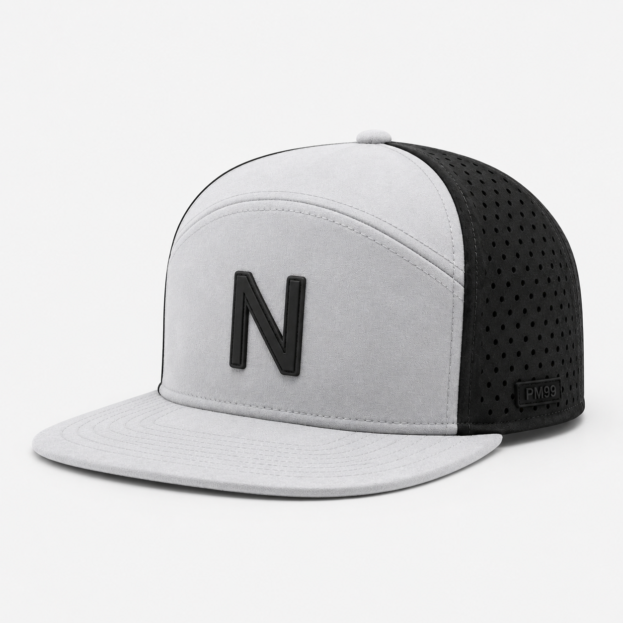 5パネルゴルフハット、www.nearlonggolf.com、パンチング加工パネル付きブラック＆ホワイト5パネルゴルフハット