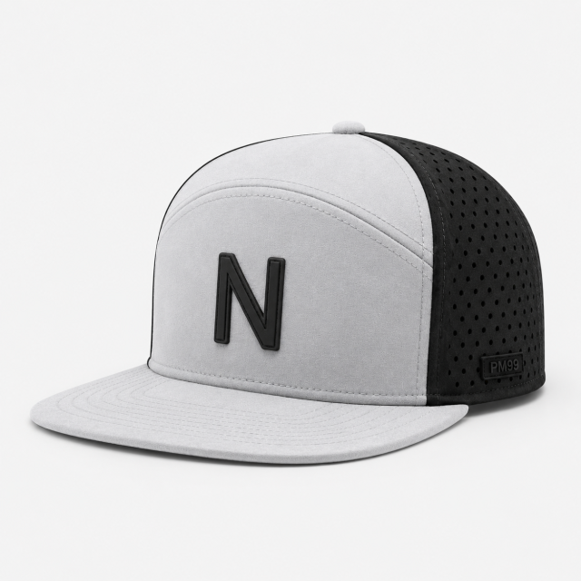 5パネルゴルフハット、www.nearlonggolf.com、パンチング加工パネル付きブラック＆ホワイト5パネルゴルフハット