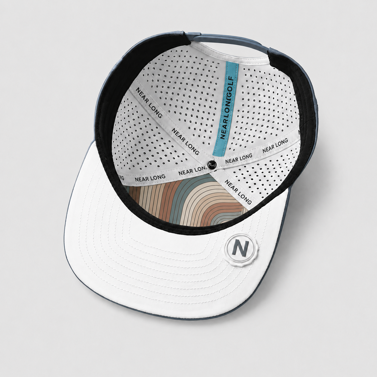 ライトグレー 5パネル ゴルフハット、www.nearlonggolf.com、フラットバイザーと通気孔付きサイドを備えたライトグレー 5パネル ゴルフハット