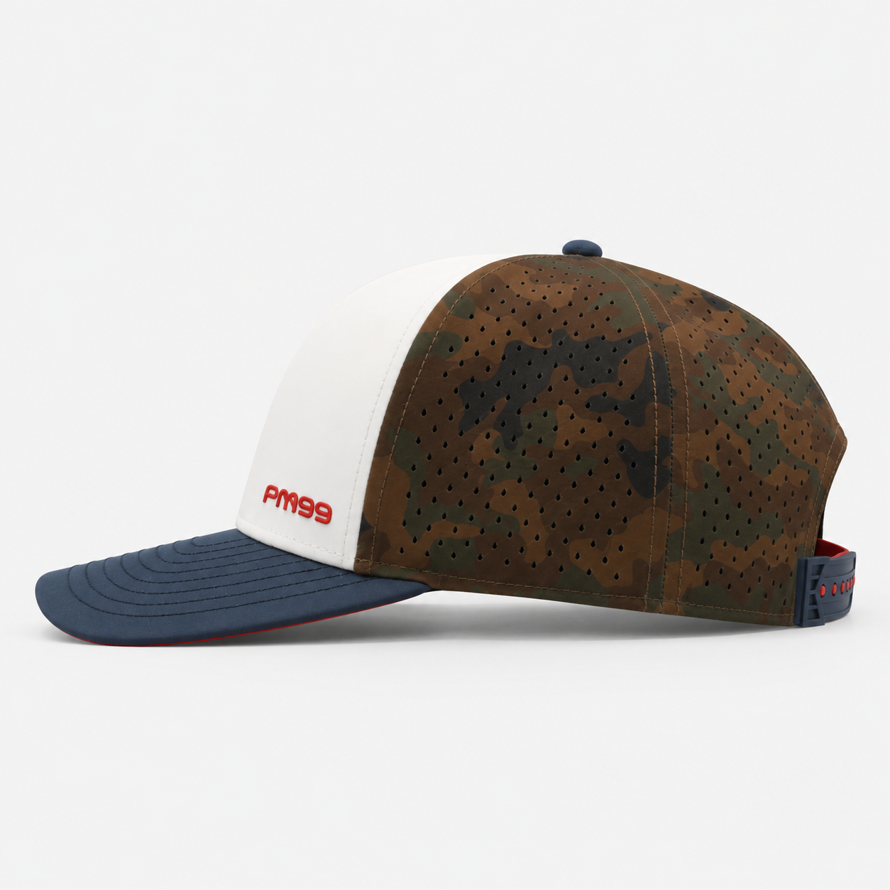 ゴルフスナップバックハット、www.nearlonggolf.com、ホワイトカモゴルフハット｜通気性のあるカスタムパフォーマンスキャップ