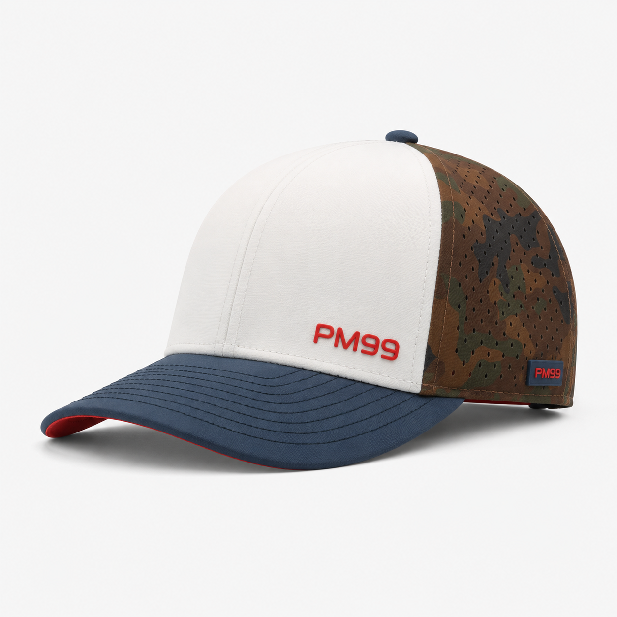 ゴルフスナップバックハット、www.nearlonggolf.com、ホワイトカモゴルフハット｜通気性のあるカスタムパフォーマンスキャップ
